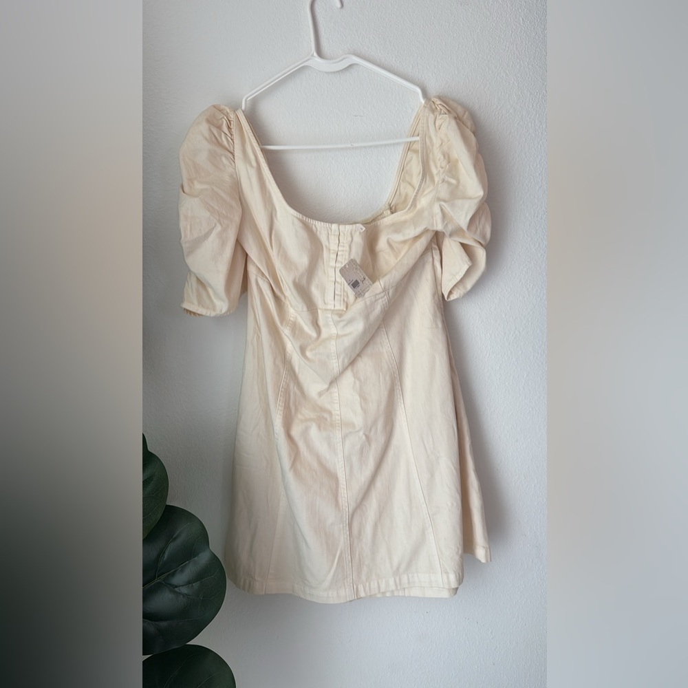 Free People ivory denim Puff-Sleeve Cotton Dress - Cream